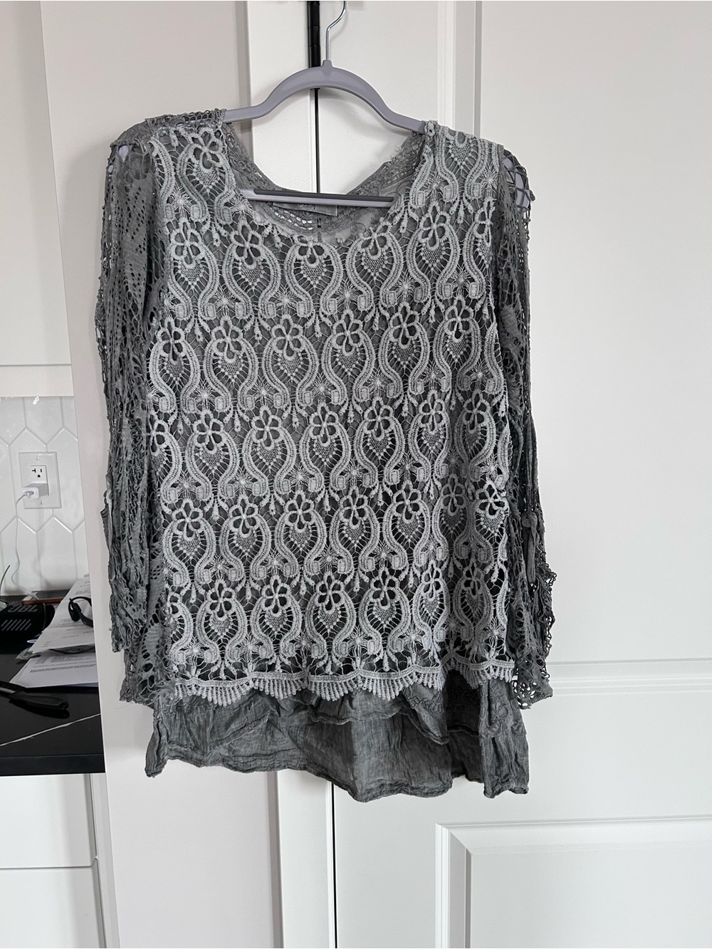 AMO Grey Crochet Lace Overlay Blouse Floral Boho 3/4 Sleeve Layered Hem Romantic